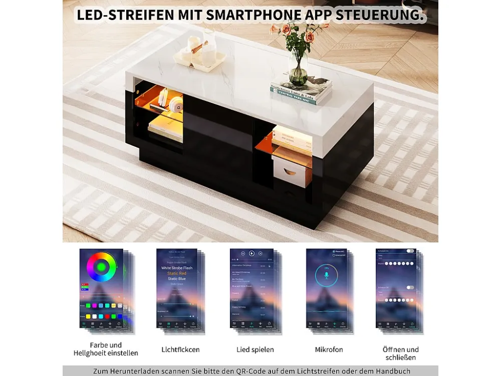 Salontafel met 2 glazen planken en een lade - 100 x 50 x 42 cm - LED's - Spaanplaat - Zwart en wit Merax
