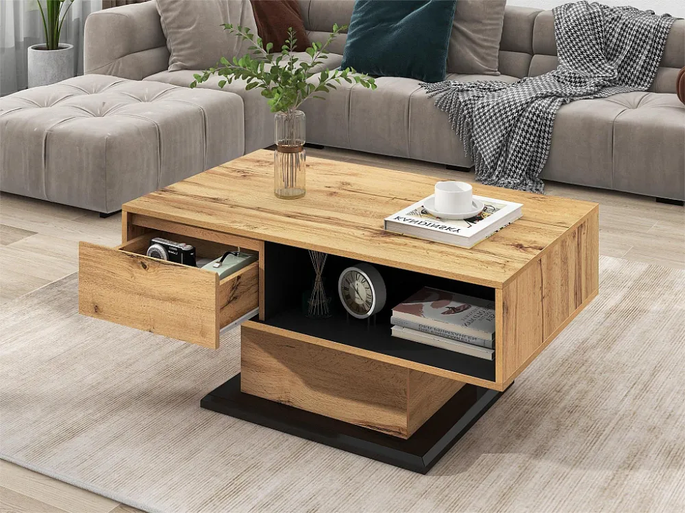 Salontafel met 1 lade en 2 nisjes - bijzettafel - spaanplaat - Kleuren: Antraciet en eiken Merax