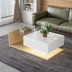 Salontafel met één lade en planken - LED's - 105x55x32,5cm - Spaanplaat - Glanzend wit en hout Merax