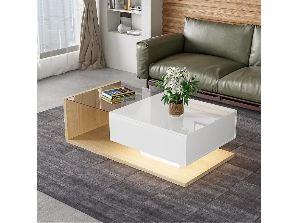 Salontafel met één lade en planken - LED's - 105x55x32,5cm - Spaanplaat - Glanzend wit en hout Merax