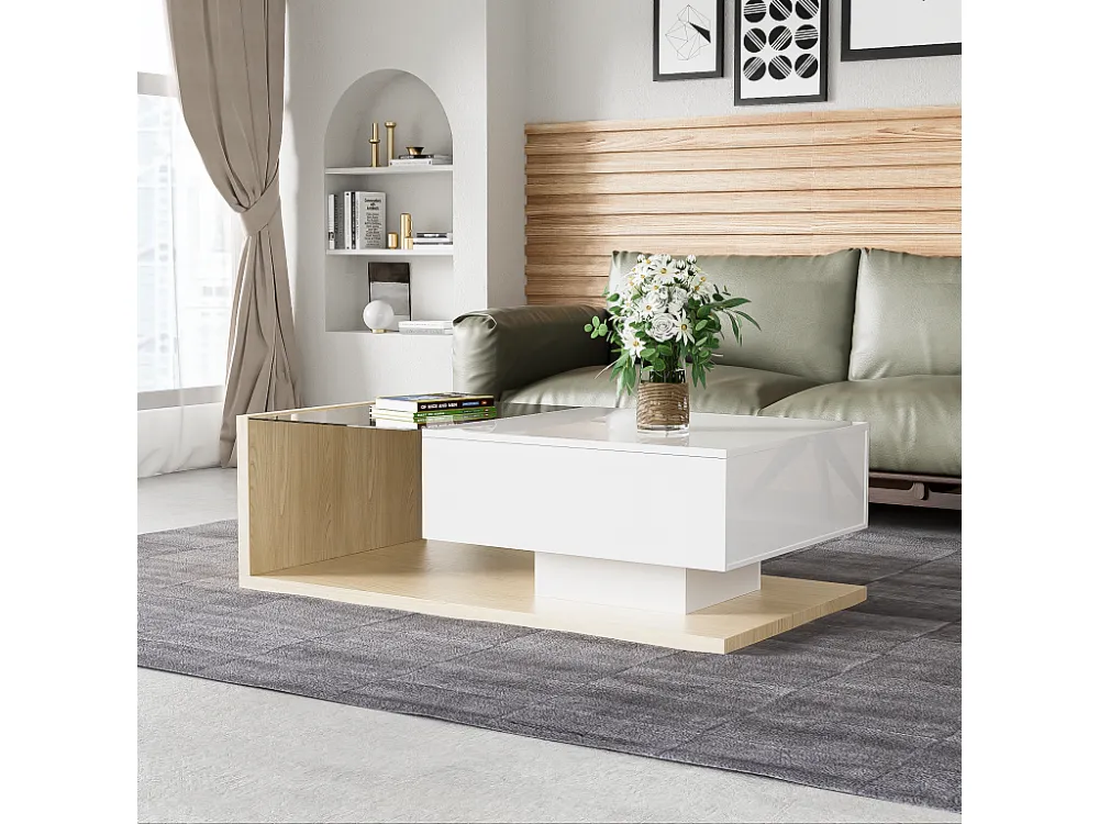 Salontafel met één lade en planken - LED's - 105x55x32,5cm - Spaanplaat - Glanzend wit en hout Merax