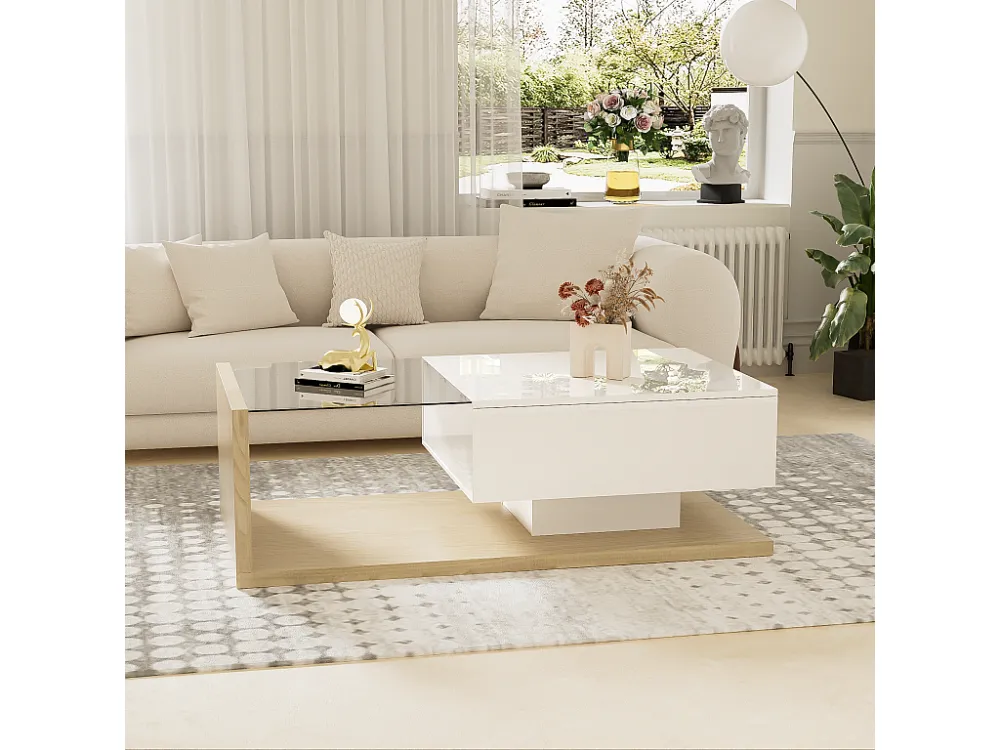 Salontafel met één lade en planken - LED's - 105x55x32,5cm - Spaanplaat - Glanzend wit en hout Merax