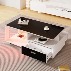 Salontafel met 2 laden en planken - LED's - 110x38,5x55cm - Spaanplaat - Glanzend zwart en wit Merax