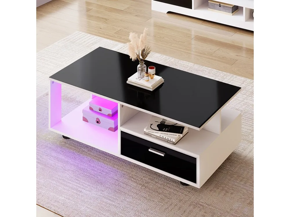 Salontafel met 2 laden en planken - LED's - 110x38,5x55cm - Spaanplaat - Glanzend zwart en wit Merax