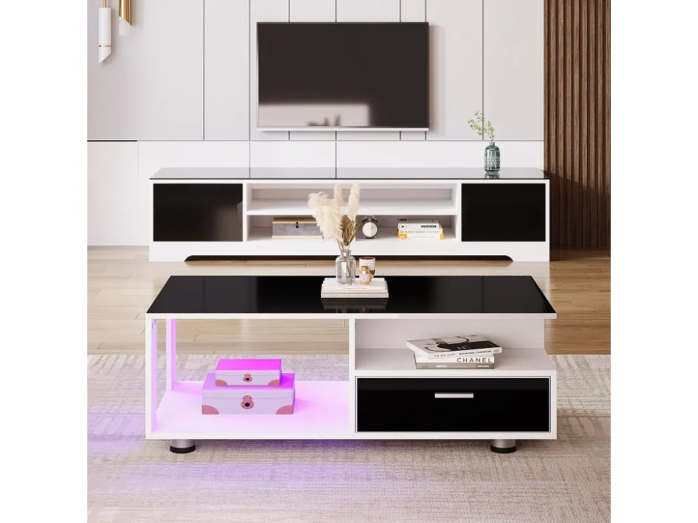Salontafel met 2 laden en planken - LED's - 110x38,5x55cm - Spaanplaat - Glanzend zwart en wit Merax