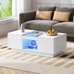 Salontafel met 2 laden en 1 vak - 100x50x35,5 cm - LED-verlichting en glaspanelen - wit Merax