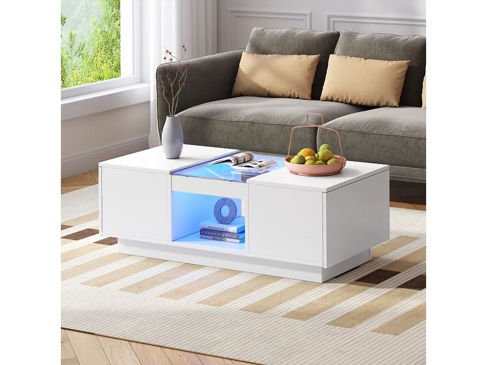 Salontafel met 2 laden en 1 vak - 100x50x35,5 cm - LED-verlichting en glaspanelen - wit Merax