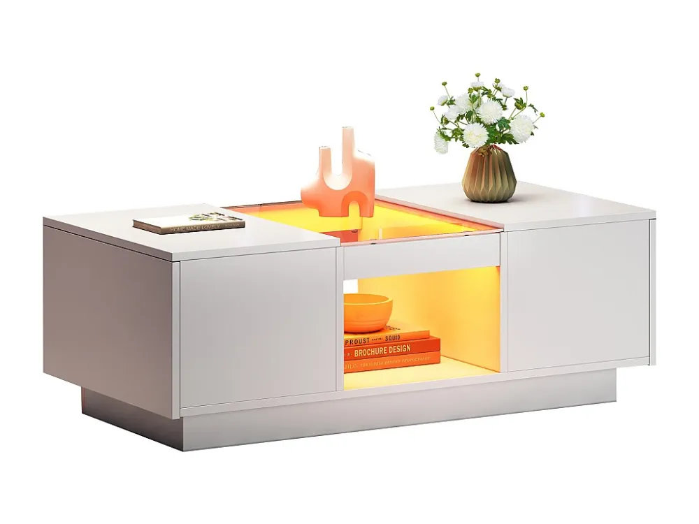 Salontafel met 2 laden en 1 vak - 100x50x35,5 cm - LED-verlichting en glaspanelen - wit Merax