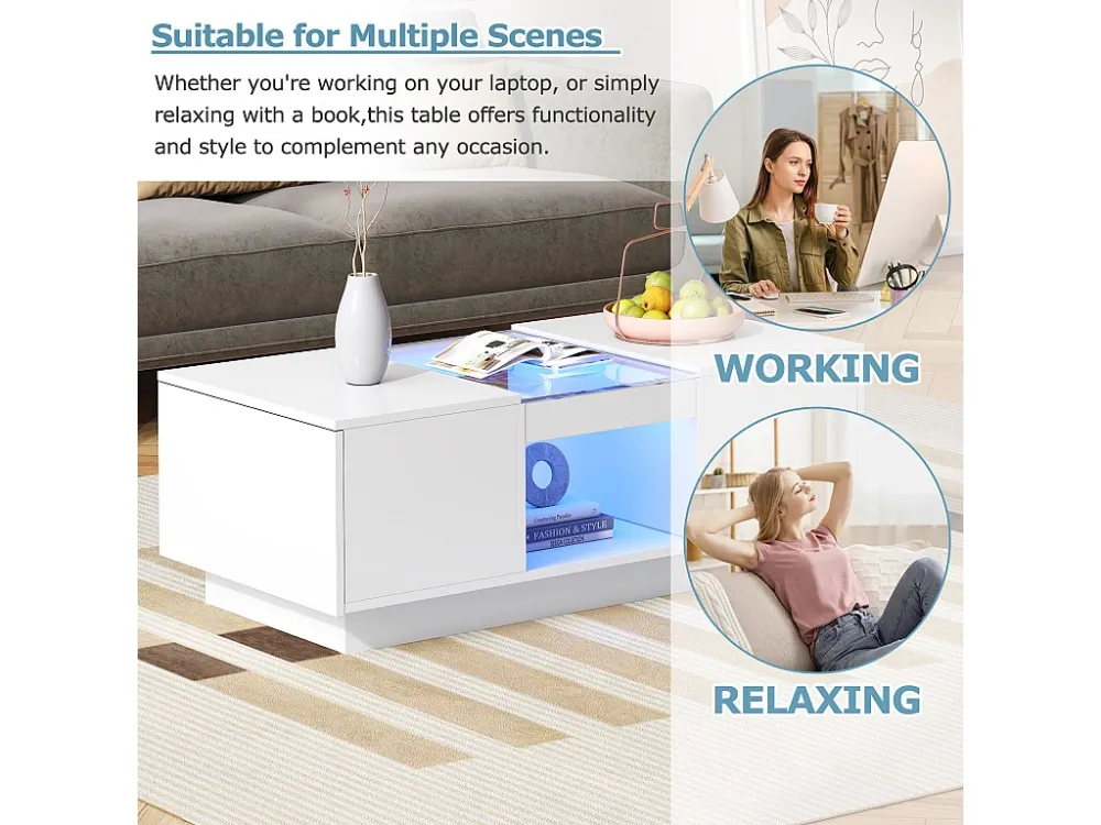 Salontafel met 2 laden en 1 vak - 100x50x35,5 cm - LED-verlichting en glaspanelen - wit Merax