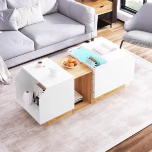 Salontafel met multifunctionele opberger - LED's - 110x40x58,2 cm - Spaanplaat - Wit + naturel Merax