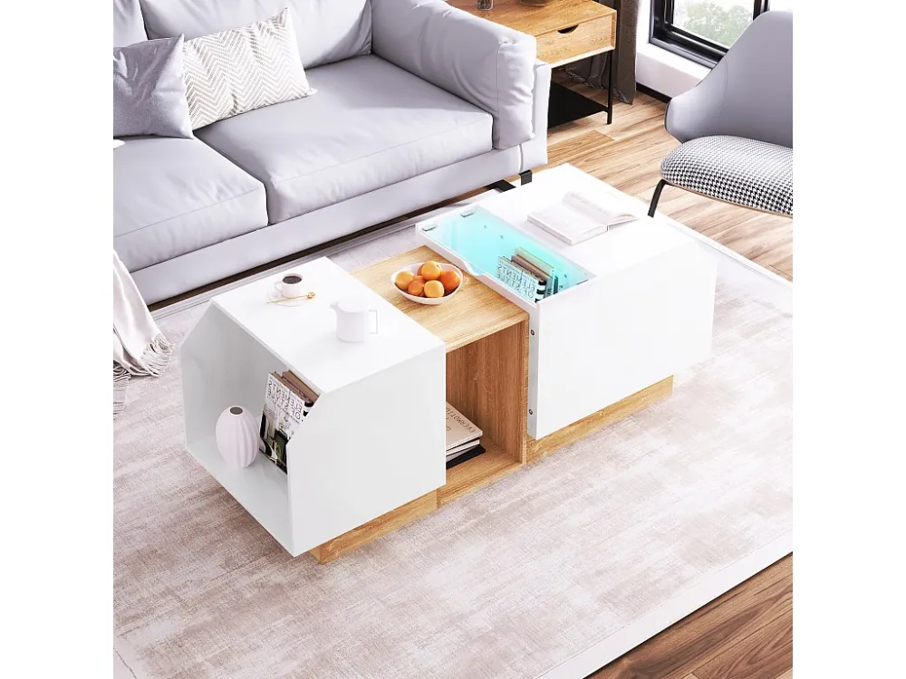 Salontafel met multifunctionele opberger - LED's - 110x40x58,2 cm - Spaanplaat - Wit + naturel Merax