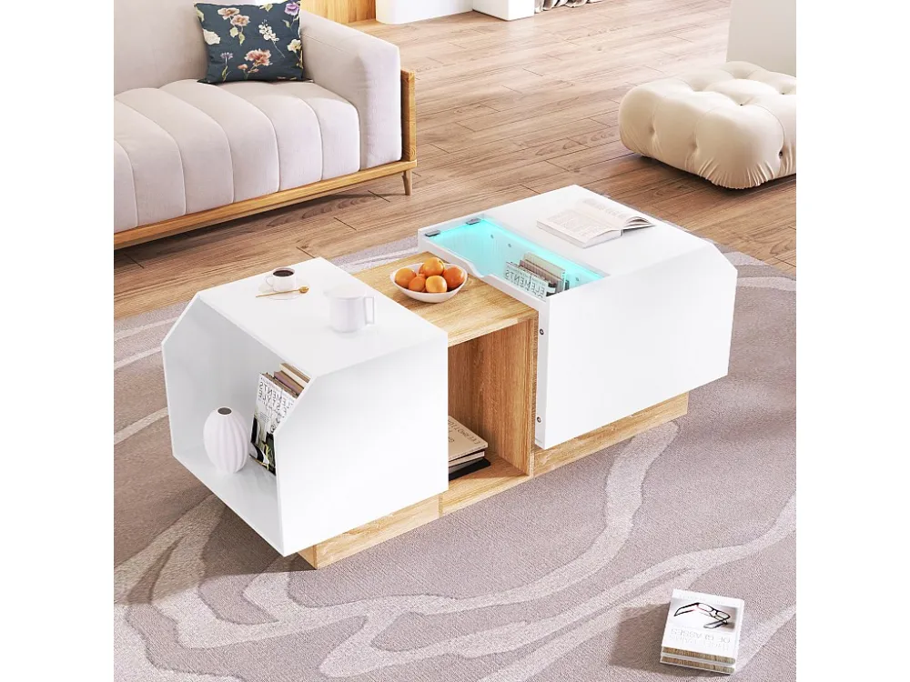 Salontafel met multifunctionele opberger - LED's - 110x40x58,2 cm - Spaanplaat - Wit + naturel Merax