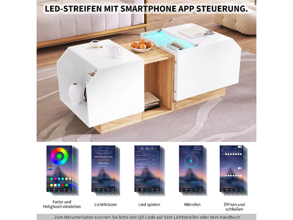 Salontafel met multifunctionele opberger - LED's - 110x40x58,2 cm - Spaanplaat - Wit + naturel Merax