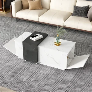Salontafel met 2 zijdeuren - 110 L x 50 B x 40 H cm - spaanplaat - marmerlook - wit en zwart Merax