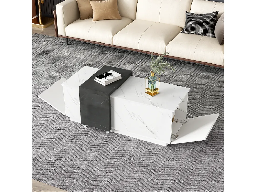 Salontafel met 2 zijdeuren - 110 L x 50 B x 40 H cm - spaanplaat - marmerlook - wit en zwart Merax