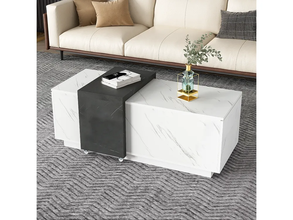 Salontafel met 2 zijdeuren - 110 L x 50 B x 40 H cm - spaanplaat - marmerlook - wit en zwart Merax