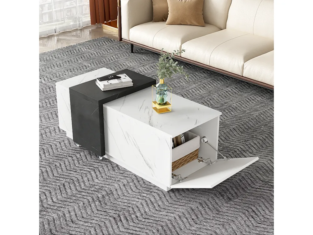 Salontafel met 2 zijdeuren - 110 L x 50 B x 40 H cm - spaanplaat - marmerlook - wit en zwart Merax