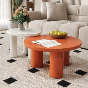 Set van 2 ronde en bladvormige salontafels - D 72,2 x H 35,35 cm + D 54,8 x H 40 cm - MDF hout - Wit + oranje Merax