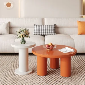 Set van 2 ronde salontafels - D 72,2 x H 35,35 cm + D 39,8 x H 42,2 cm - MDF hout - Wit + oranje Merax