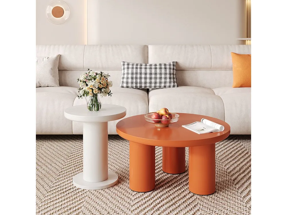 Set van 2 ronde salontafels - D 72,2 x H 35,35 cm + D 39,8 x H 42,2 cm - MDF hout - Wit + oranje Merax