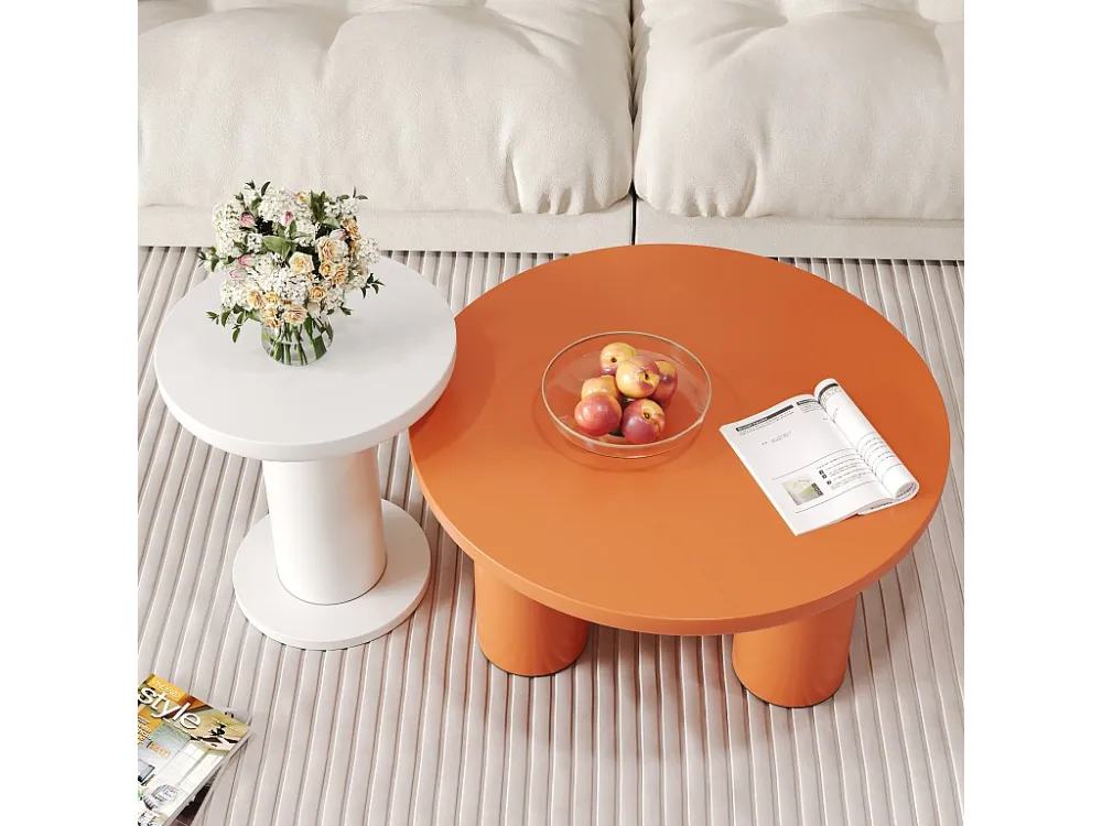Set van 2 ronde salontafels - D 72,2 x H 35,35 cm + D 39,8 x H 42,2 cm - MDF hout - Wit + oranje Merax