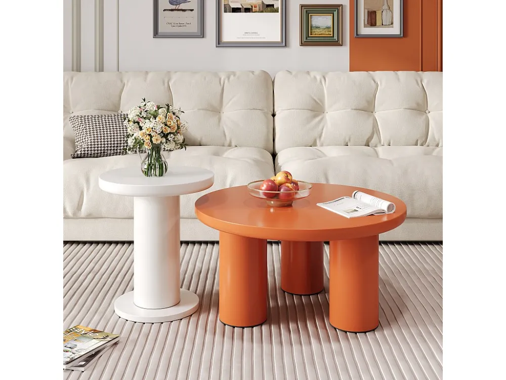 Set van 2 ronde salontafels - D 72,2 x H 35,35 cm + D 39,8 x H 42,2 cm - MDF hout - Wit + oranje Merax