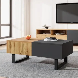 Verschuifbare salontafel met verborgen opbergruimte - 155 x 55 x 22 cm - hout en metaal - zwart en naturel Merax
