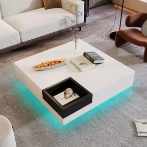 Vierkante salontafel met uitneembare opbergdoos - 72 x 72 x 30 cm - spaanplaat - marmerpatroon - wit Merax