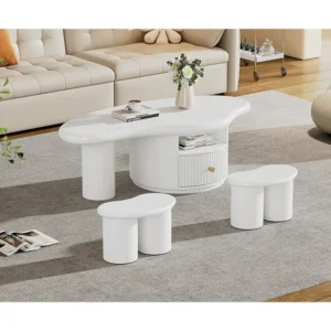 MDF salontafel - met 1 lade, 1 vak en 2 krukken - Wit ModernLuxe