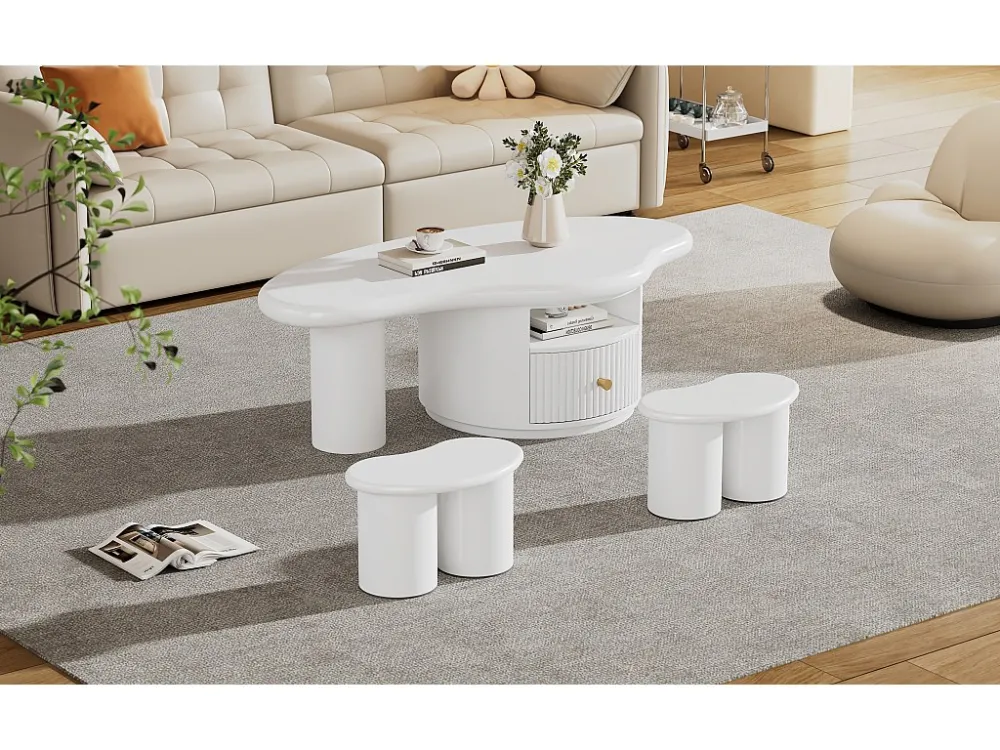 MDF salontafel - met 1 lade, 1 vak en 2 krukken - Wit ModernLuxe