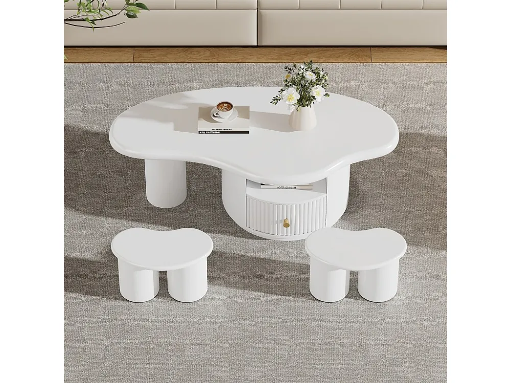 MDF salontafel - met 1 lade, 1 vak en 2 krukken - Wit ModernLuxe