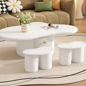 MDF salontafel - met 2 lades en 2 krukjes - Wit ModernLuxe