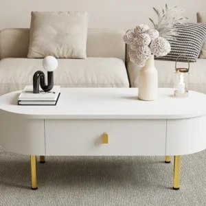 Moderne salontafel - 2 laden met gouden handgrepen en poten - MDF - Wit ModernLuxe
