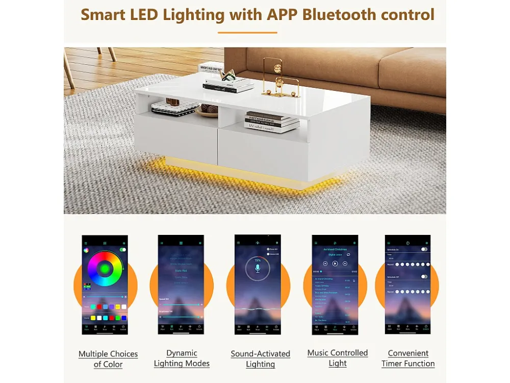 Moderne salontafel - met dimbare LED en 2 lades - Wit ModernLuxe