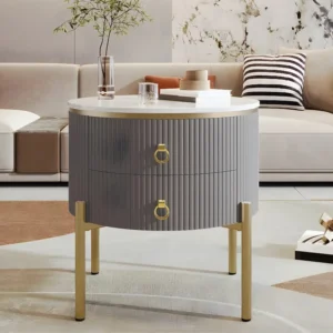 Ronde salontafel - 2 lades - gouden poten en handgrepen - Grijs ModernLuxe