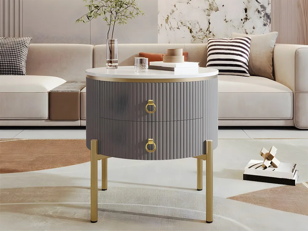 Ronde salontafel - 2 lades - gouden poten en handgrepen - Grijs ModernLuxe