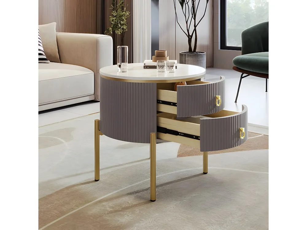 Ronde salontafel - 2 lades - gouden poten en handgrepen - Grijs ModernLuxe