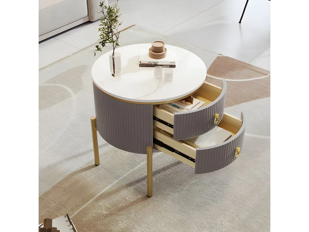 Ronde salontafel - 2 lades - gouden poten en handgrepen - Grijs ModernLuxe