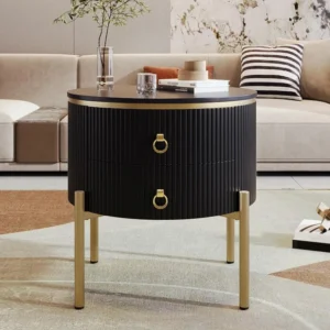 Ronde salontafel - 2 lades - gouden poten en handgrepen - Zwart ModernLuxe