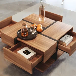 Salontafel - 4 lades - opbergruimte onderaan - 78x78x36cm - naturel ModernLuxe