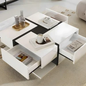 Salontafel - 4 lades - opbergruimte onderaan - 78x78x36cm - wit ModernLuxe