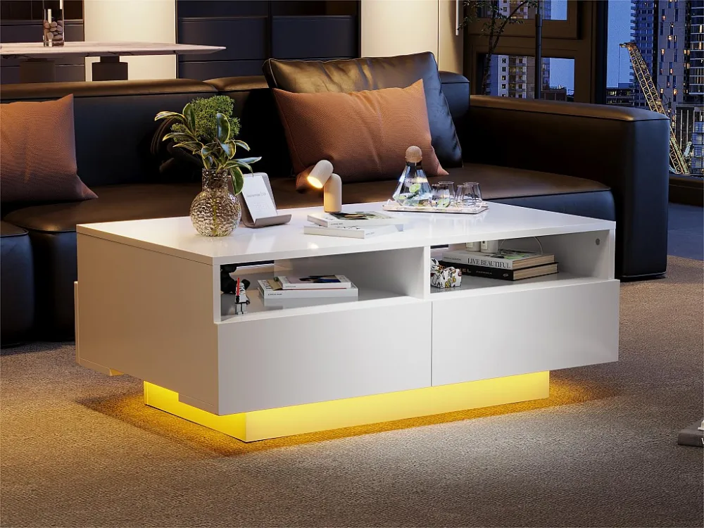 Salontafel met 4 laden met LED-licht - glanzende afwerking - Wit ModernLuxe