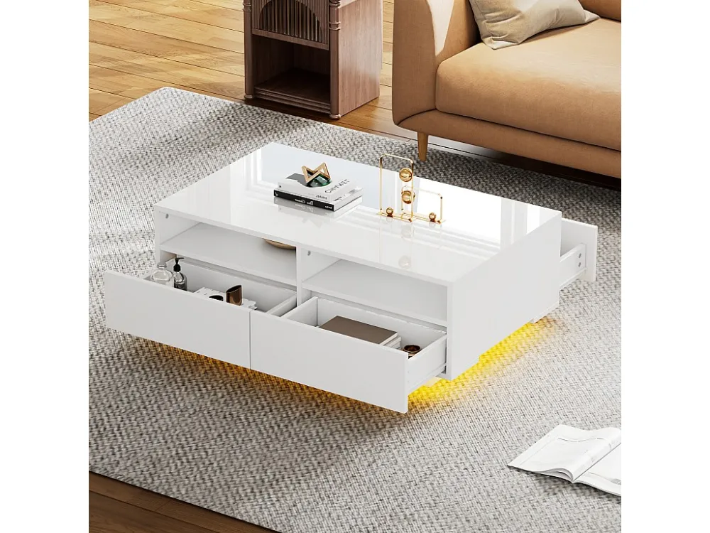 Salontafel met 4 laden met LED-licht - glanzende afwerking - Wit ModernLuxe