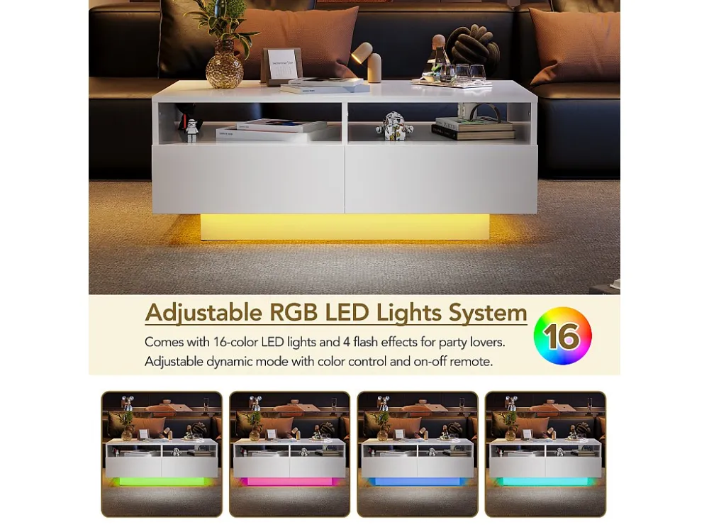 Salontafel met 4 laden met LED-licht - glanzende afwerking - Wit ModernLuxe