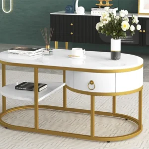 Salontafel met laden en planken - blad met marmereffect - gouden ijzeren structuur - wit ModernLuxe