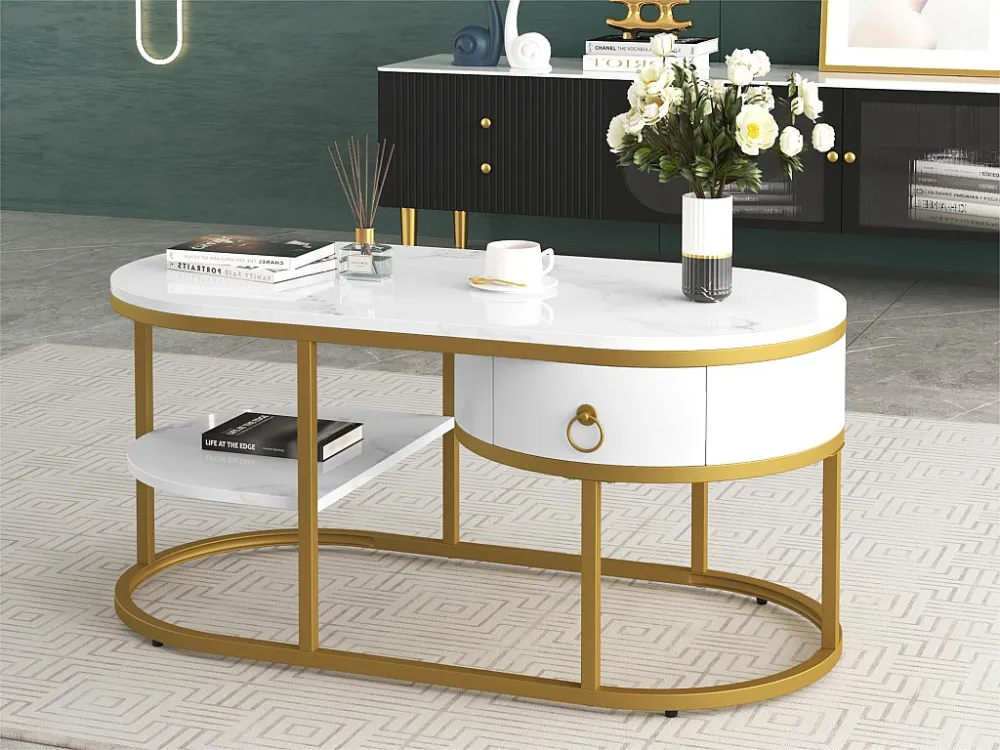 Salontafel met laden en planken - blad met marmereffect - gouden ijzeren structuur - wit ModernLuxe