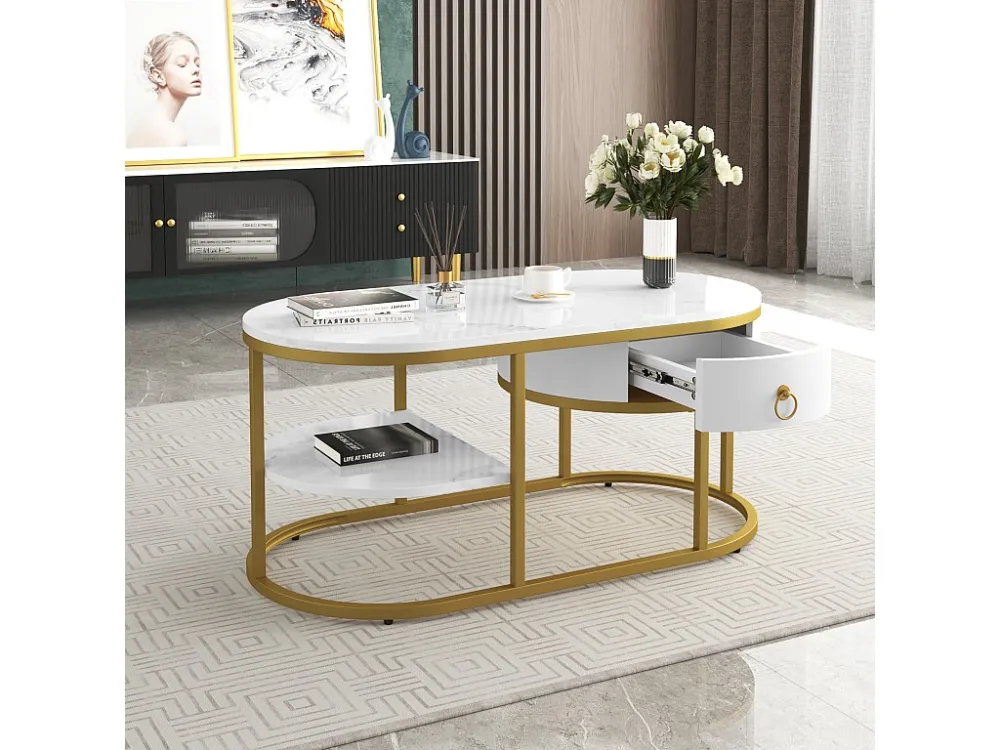 Salontafel met laden en planken - blad met marmereffect - gouden ijzeren structuur - wit ModernLuxe