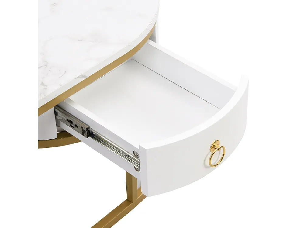 Salontafel met laden en planken - blad met marmereffect - gouden ijzeren structuur - wit ModernLuxe
