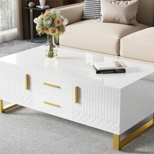 Salontafel - met lades en open vak aan de achterkant - gouden bies - Wit ModernLuxe