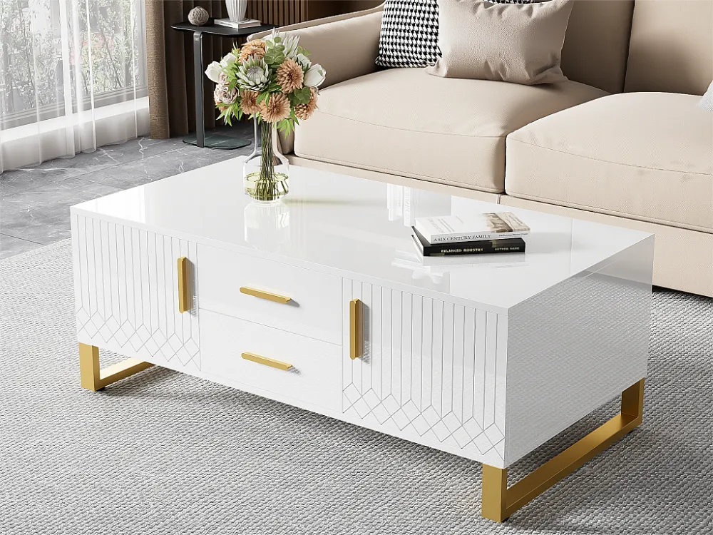 Salontafel - met lades en open vak aan de achterkant - gouden bies - Wit ModernLuxe